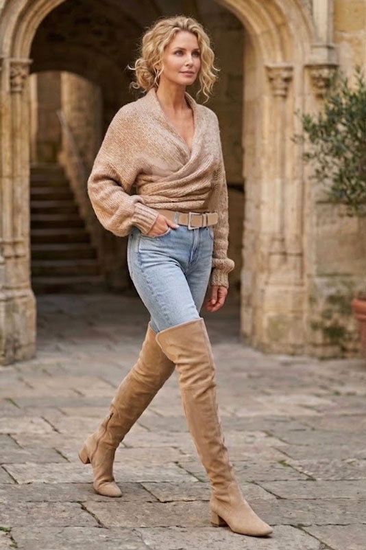 Dress custom-made thigh-high boots in tan beige leather with low block heels and round toe - Worn view